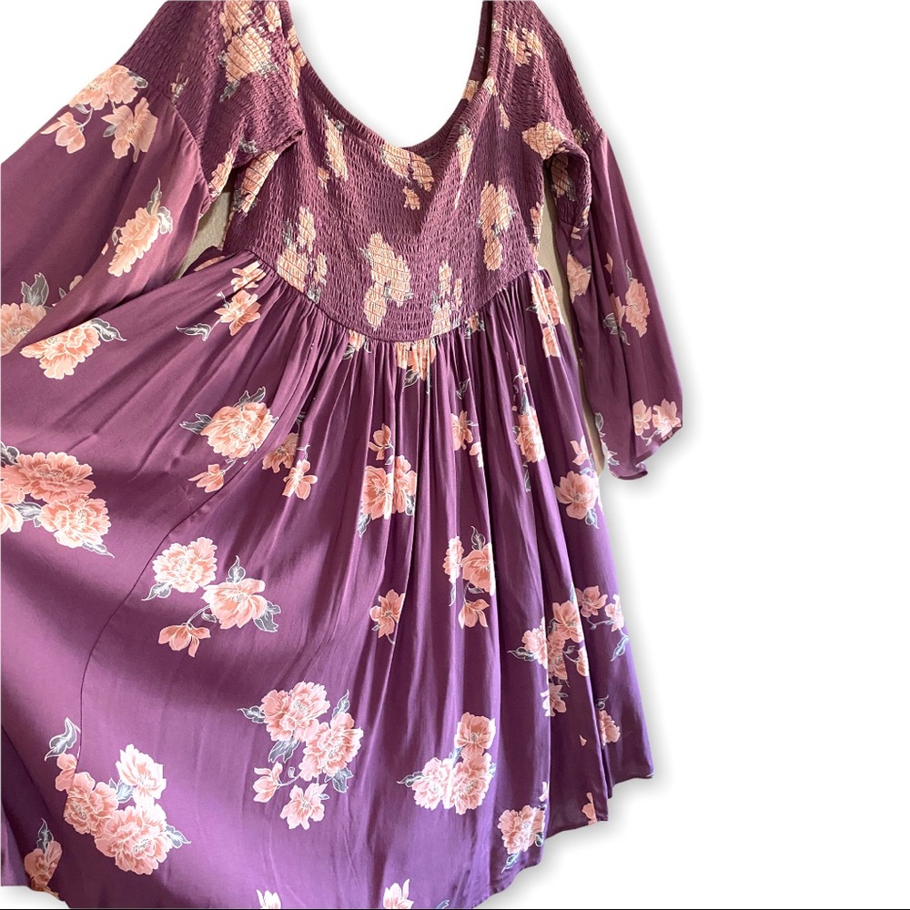 PURPLE FLORAL CHALLIS SMOCKED SKATER DRESS - Picture 8 of 9